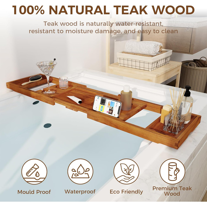 Підставка для ванни з текового дерева, розширювана, з тримачами для вина та телефону, книжкова стійка, для дому, спа, релаксації та читання, натуральне світле горіхове дерево