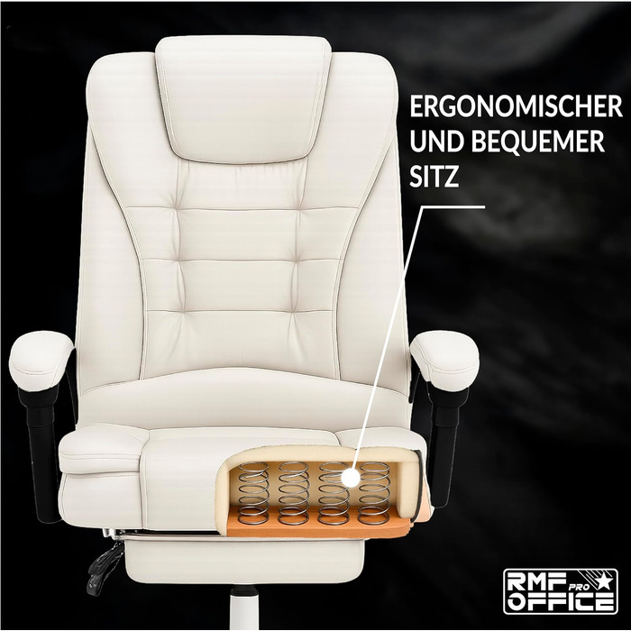 Ергономічне крісло для офісу RMF, регульоване, зручне та розслаблююче - крісло з підніжкою, обертається, регулюється по висоті, біле
