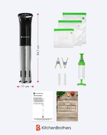 Су-від прилад KitchenBrothers - Су-від стік - Су-від набір - для приготування їжі за технологією су-від - 1200W, чорний, з аксесуарами
