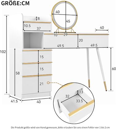 Туалетний столик Merax з дзеркалом та LED-підсвіткою, з поличкою, 6 висувних ящиків, золоті ручки, білий, 102x100x41.5 см (без табуретки)