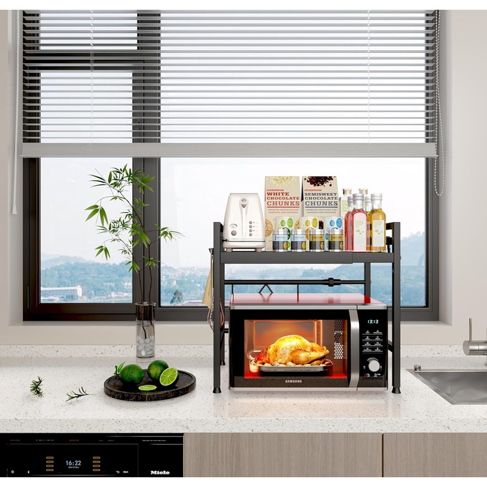 Регульована полиця для мікрохвильової печі, розширювана підставка-органайзер для кухні, з 8 гачків, (2 шт., 2-рівнева, чорна)