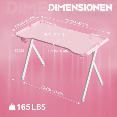 Ігровий стіл YRHome з RGB-підсвічуванням та підставкою для навушників та стаканом. Білий (120x60x75см, Рожевий)