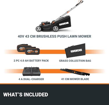 Акумуляторний газонокосарка WORX WG749E 40V PowerShare з приводі в колесах, безщітковий двигун, ширина зрізу 46 см, 7 положень висоти зрізу, в комплекті акумулятор та зарядний пристрій