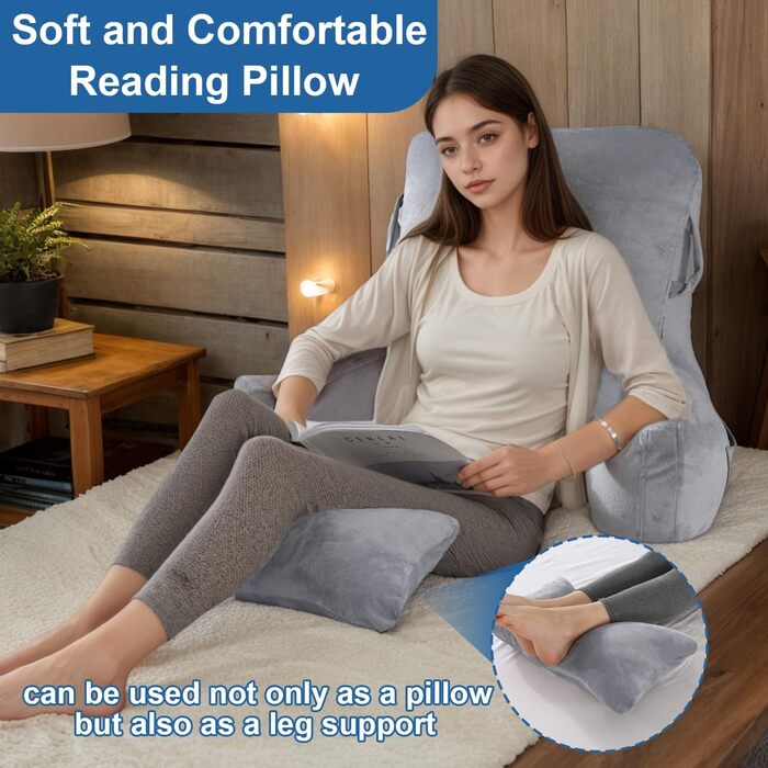 Лежак для читання в ліжко, 90 x 80 см (ДxВ) XXL подушка для спини, диван для дорослих з підлокітниками та знімною подушкою для шиї, спинка для читання з кишенею для ліжка, дивану, підлоги та стільця, світло-сірий