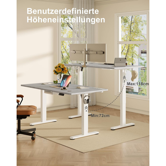 DEVOKO Стол для роботи з регулюванням висоти 140 x 70 см з розеткою, бездротовою зарядкою та USB – Електричний стіл для комп'ютера з функцією пам'яті та кабельною організацією – Ідеально для геймінгу та офісу, сірий 140 x 70 см