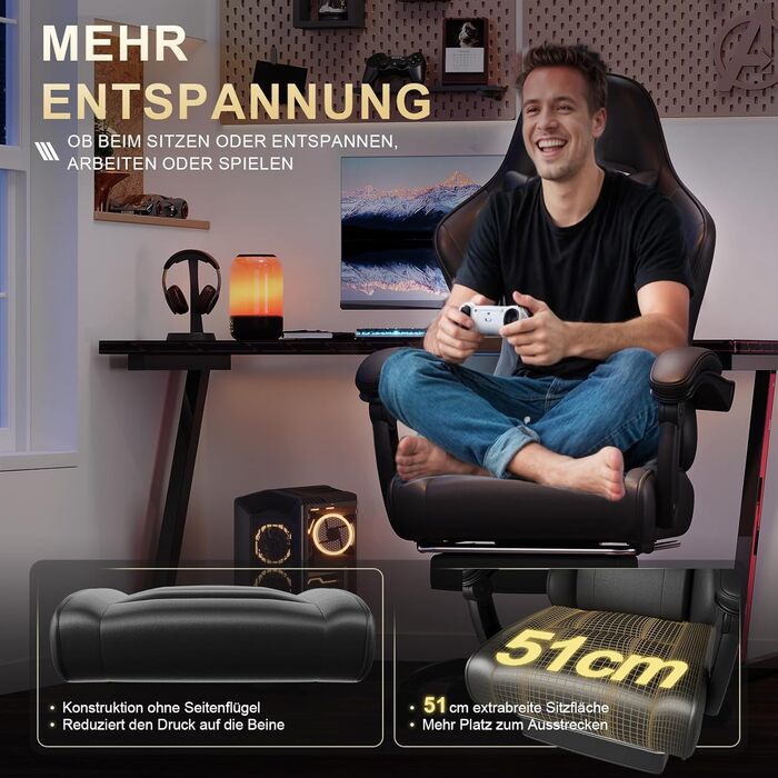 Ігровий стілець, офісний стілець з підставкою для ніг, ергономічний стілець, регульована спинка 90-135°, вантажопідйомність 150 кг, чорний