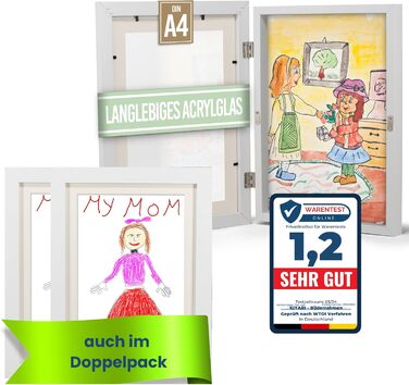 Рамки для дитячих малюнків KIYARI A4, 2 шт., білі, розкладні, з фронтальною відкриттям, для 150 малюнків, міцне дерево, безпечне скло, ідеально для творчих проектів, дитячої кімнати та школи