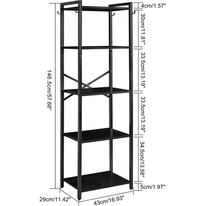 Книжкова шафа YMYNY 5 ярусів, сталевий каркас, індустріальний стиль, чорний, 4329147 см