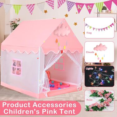 Дитячий намет-ліжко з ліхтариками та прапорцями, рожевий. Ідеально для гри вдома, для хлопчиків та дівчаток. Розміри: 47x40x51 см