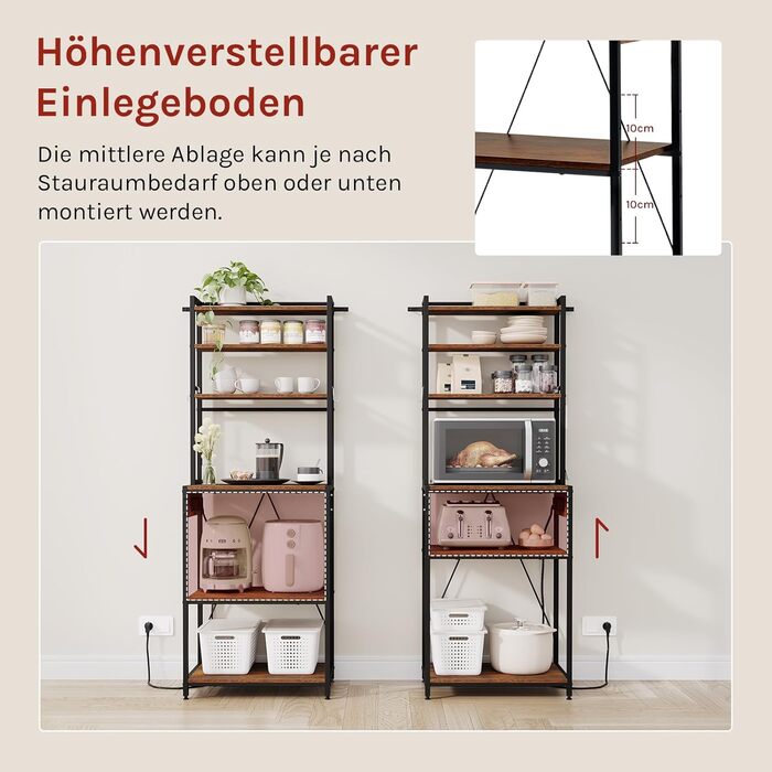 Кухонна полиця WOLTU з 6 ярусами, з розетками, мікрохвильова полиця з 6 гачками, полиця пекаря з металевим каркасом, регульовані полиці, Чорний+Рустикальне коричневий, 60 x 167 x 40 см