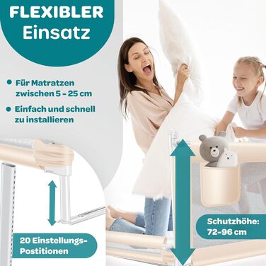 Захисний бортик для ліжка KESSER® 150 см, сітчастий, складаний та регульований по висоті, захист від випадання для дітей та немовлят, бежевий