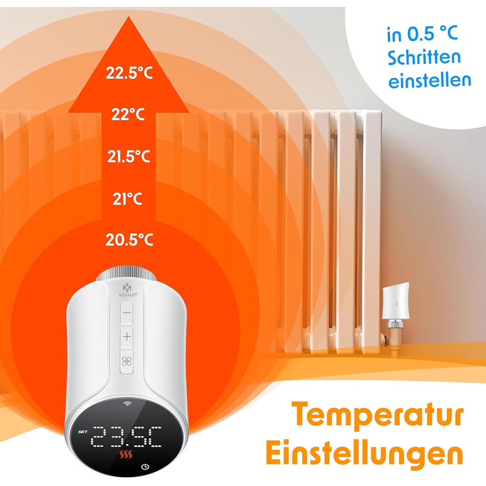 KESSER® WiFi термостат на радіатор опалення з керуванням через додаток Smart Home | Комплект з 6 вентилів для опалення, сумісний з Alexa та Google Assistant | Економія енергії та коштів, білий