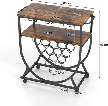 Візок для бару COSTWAY на колесах, 2 полиці, тримач для склянок, 15 тримачів для пляшок, винна стійка промислового дизайну, 83x40x83 см