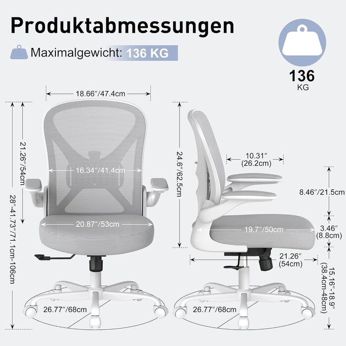 Ергономічне крісло для офісу ZZH з сітчастою спинкою, регульованою поперековою підтримкою та підйомними підлокітниками, дихаючий комп'ютерний стілець для дому з обертанням на 360° та регулюванням висоти, сірий