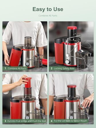 Reemix Соковитискач для овочів та фруктів, професійний Max Juicer з нержавіючої сталі, 800W, 3 швидкості, червоний