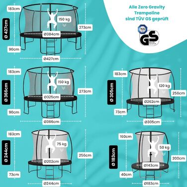 Батут Zero Gravity Ultima 4 Ø366 см: Комплект з драбиною, чорний, TÜV GS, швидке складання для вулиці
