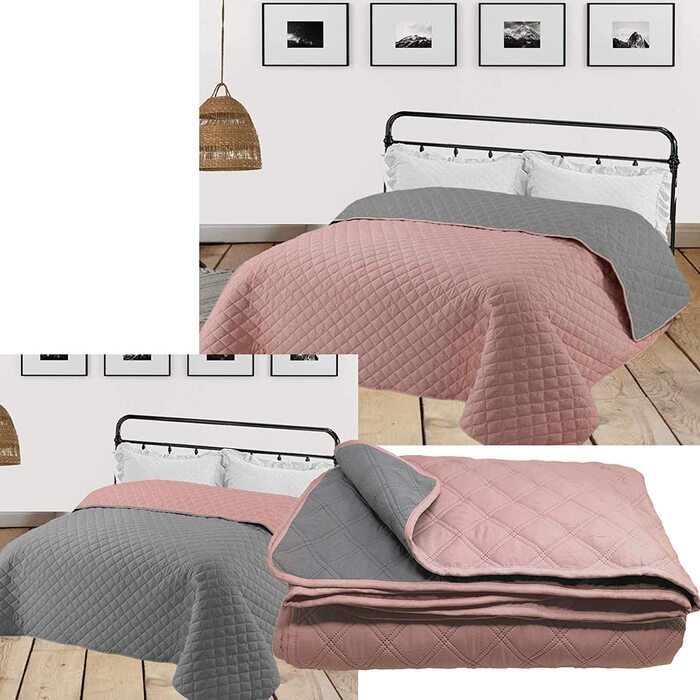 Домашнє покривало для ліжка і дивана 220 см х 200 см, покривало для дивана, покривала для дня, покривала для ліжка, покривала XXL, темно-рожеве / сіре 220 х 200 см, темно-рожеве / сіре