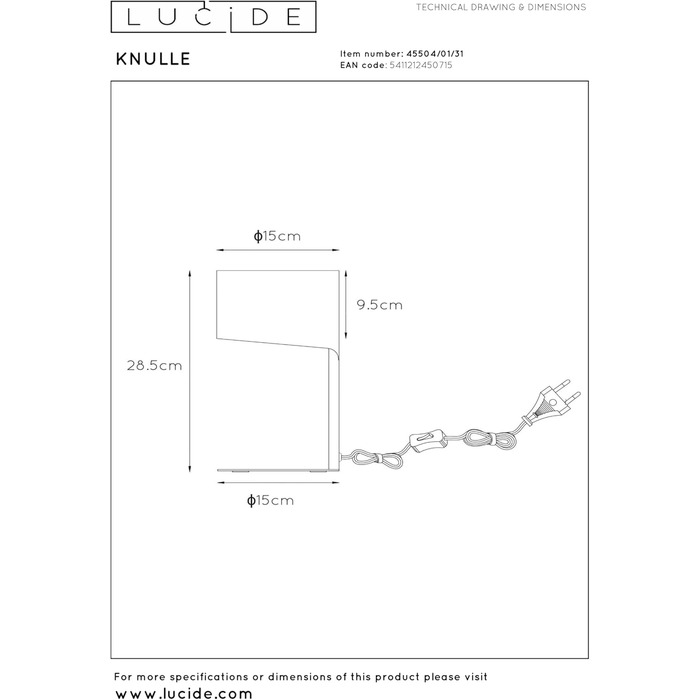Настільна лампа LUCIDE KNULLE, діаметр 15 см, цоколь E14, білий колір