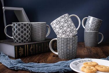 Набір чашок для кави та чаю, 6 шт., чорно-білий геометричний візерунок, кераміка