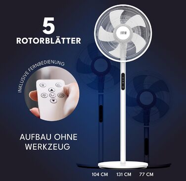 Підлоговий вентилятор LEBENLANG з пультом керування, LED-дисплеєм, 5 режимів, енергозбереження, осциляція, тиха робота, таймер, 60W, чорний