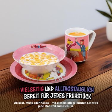 Дитячий посуд Bibi & Tina: комплект з 3 предметів (тарілка, чашка, миска), рожево-червоний, порцеляна, 19/220/330 мл