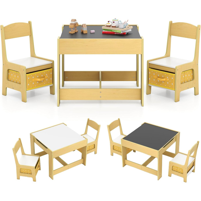 Дитячий меблевий набір GOPLUS 3в1: стіл та 2 стільці, дерев'яний, з місцем для зберігання, для дому, жовтий