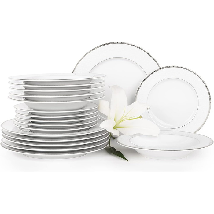 Комбінований набір посуду на 6 персон Сучасний набір тарілок 18 предметів Столовий сервіз - Столовий сервіз та набори посуду - Комбінований обідній сервіз на 6 персон - Сімейний сервіз - Білий посуд (New Hollis Platinum, 18 предметів)