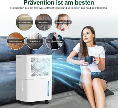 Електричний осушувач повітря PHILODECO 10л/день з режимом сушіння, 2л бак, таймер 24г, автовимкнення, ролики та ручка для підвалу, ванної, спальні