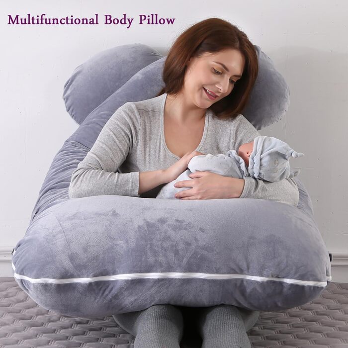 Подушка для вагітних Vlio U-подібної форми, 145x70 см, сіра. Знімний та пральний оксамитовий чохол.