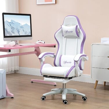 Крісло ігрове Vinsetto Ergonomic з регульованою підніжкою, спинкою 135°, підголівником та поперековою підтримкою, офісне, 360° обертання, PU, біле