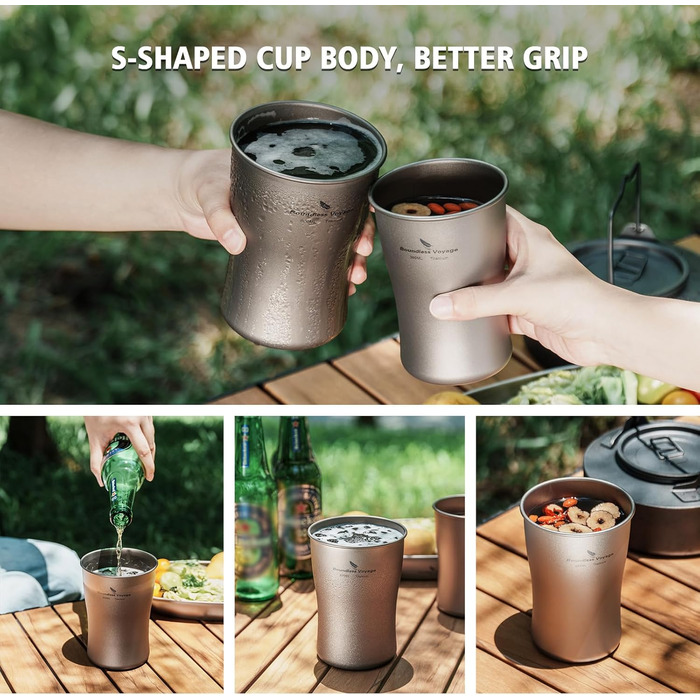 iBasingo Титановий стакан для кемпінгу 600мл, 380мл - легкий, міцний, для напоїв, з об'ємом 380мл та 600мл Ti3233D, Ti3232d