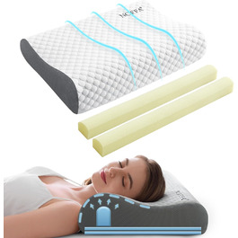 Подушка NOFFA з піною з пам'яті Memory Foam, ортопедична, для сну на спині, боці та животі, регульована висота та жорсткість, 55 x 35 x (11/8, 8/5) см, 60 x 35 x 12 см, сірий & білий колір