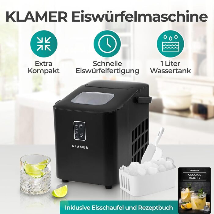 Льодогенератор KLAMER 24 кг/добу, 3 розміри кубиків льоду, 2.2л резервуар, 130W, тихий, чорний