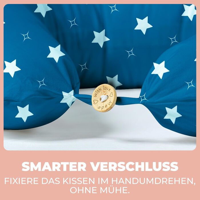 Підголівник для вагітних Stillkissen XXL 200x70см, подушка для годування та сну, балоньєра, з бавовняним чохлом, ергономічна, багатофункціональна, 100% бавовна, блакитний колір з білими зірками