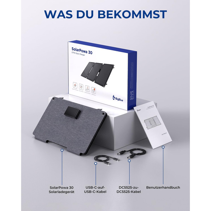 Сонячна панель BigBlue 30 Вт ETFE з підставкою, портативна сонячна панель SolarPowa 30 з роз'ємами постійного струму, порти PD20W USB-C/USB-A, IP65, сумісний з мобільним телефоном, Samsung, планшетом, невеликою електростанцією