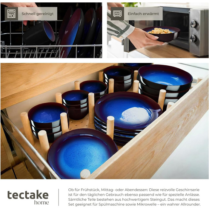 Набір посуду Tectake 30 предметів для 6 осіб, керамічний посуд, набір тарілок, мисок та чашок, придатний для миття в посудомийній машині та використання в мікрохвильовій печі - (Abyss Blue)