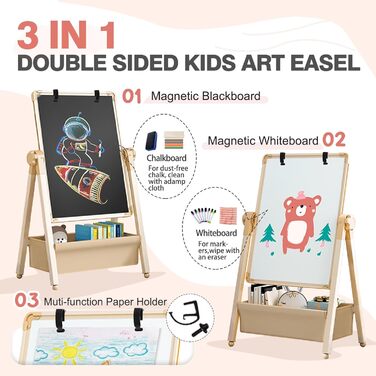 Дитяча мольберт Kinderstaffelei з двома сторонами, металева конструкція, регульована висота, обертається на 360°, дошка для малювання та письма з літерами та цифрами (жовтий)