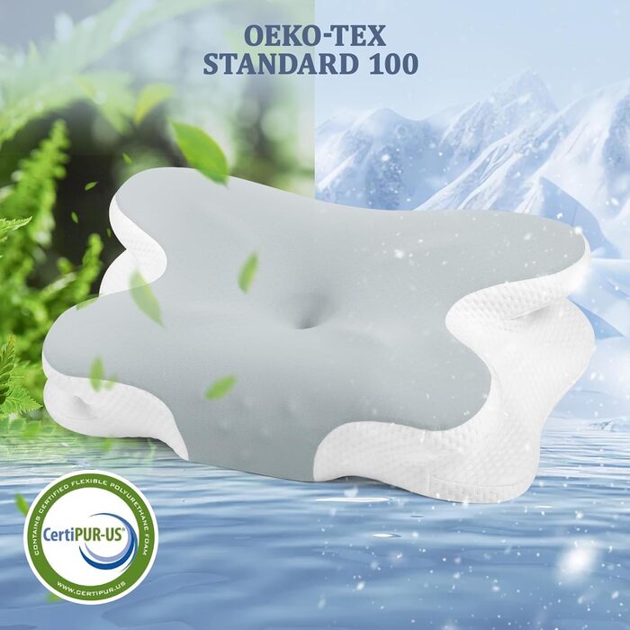 Ортопедична подушка для шиї з Memory Foam - для сну на боці, спині та животі з покриттям з льонової тканини (сіра)