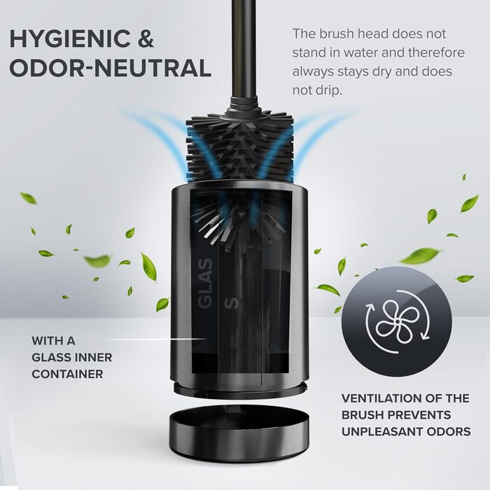 Торцева щітка для унітазу ROMO | Силіконова щітка для унітазу | З вентиляцією | Свободно стояча | Замінний WC-головка з нержавіючої сталі | Знімна підставка для крапель | Торцева щітка без кріплення до стіни (Без бачка, Gunmetal)