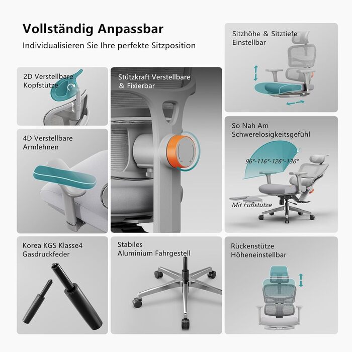 Офісне крісло Newtral Ergonomic NT002 з регульованою підголівником та підлокітниками (сірий), знімний стіл