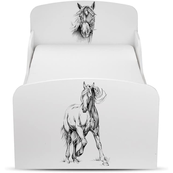 Дерев'яне ліжко Leomark з функціональністю - дитяче ліжко з матрацом, бортиками та ламелями, розмір спального місця 70/140 см, принт UV (Мій кінь)