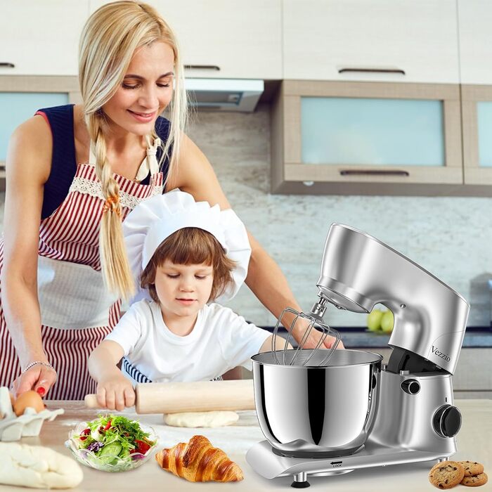 Кухонна машина Vezzio для випічки з планетарним міксером, 5.5л, 1500W, з набором насадок (крюк, вінчик, захист від бризок)