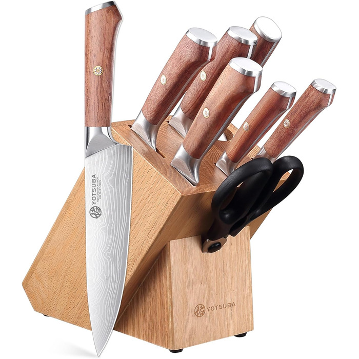 Набір кухонних ножів YOTSUBA 8 предметів з дерев'яним блоком, точилка, ножиці, кухонні ножі з нержавіючої сталі