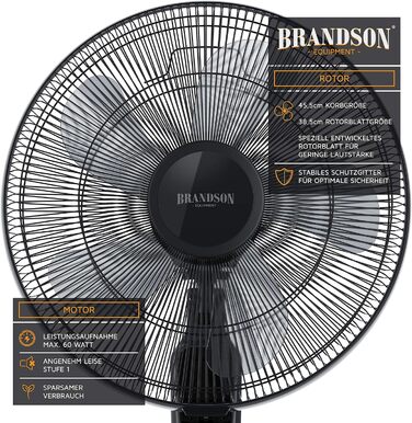Вентилятор Brandson підлоговий, 60 Вт, з пультом, дисплеєм, осциляцією 80°, регульована висота, 3 швидкості, нахил голови 35°, чорний