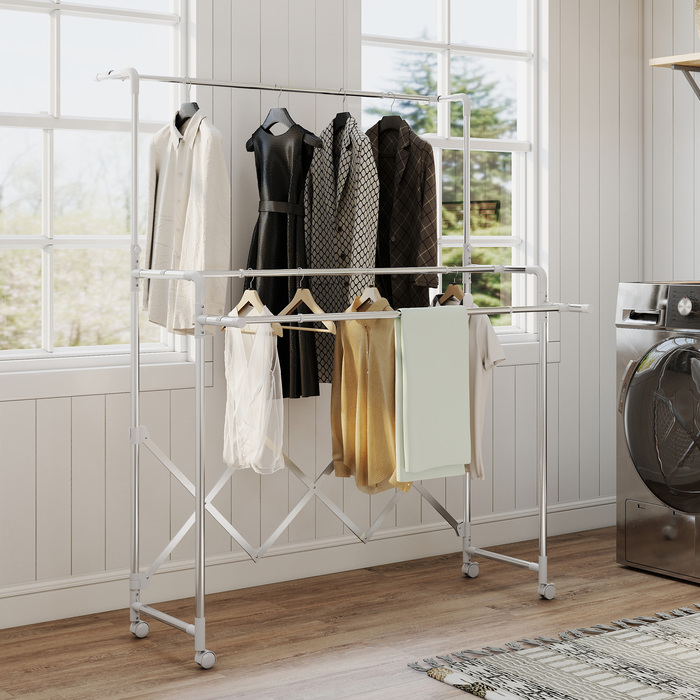 Сушарка для білизни HOMCOM, складана з 3 регульованими перекладинами, металева турбосушарка на коліщатках, турбосушарка для білизни для використання в приміщенні та на вулиці