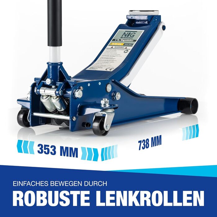 Гідравлічний домкрат NTG 3T, низькопрофільний, для авто (легкових та SUV), синій + сертифікат TÜV, висота підйому 75-505 мм