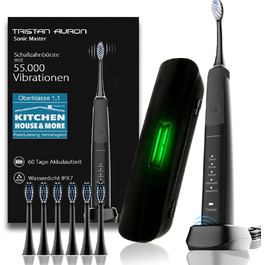 Електрична зубна щітка Tristan Auron SonicMaster, 55 000 вібрацій, 5 режимів, 60 днів акумулятора, UV-стерилізатор, 6 насадок, чорна