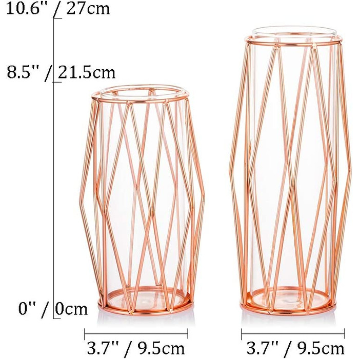 Ваза для пампасної трави, Скляна ваза Ваза з високим дном з геометричною металевою підставкою, квітковий горщик в скандинавському стилі для прикраси столу офісний весільний центральний елемент, Висота 27 см (маленький великий, Рожеве золото)