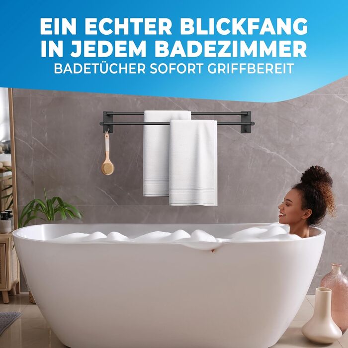 Тримач для рушників без свердління, чорний, 80 см, нержавіюча сталь, подвійний, самоклеючий, з 2 гачками, для ванної кімнати, душової кабіни, кухні