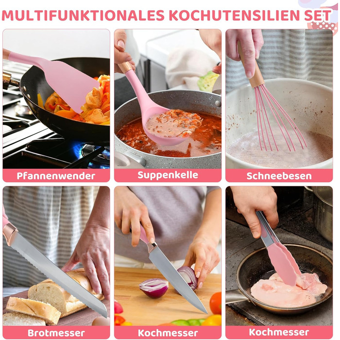 Набір кухонних аксесуарів 37 шт. з силікону, рожевий. Набір кухонних помічників, стійкий до високих температур, придатний для миття в посудомийній машині, з антипригарним покриттям